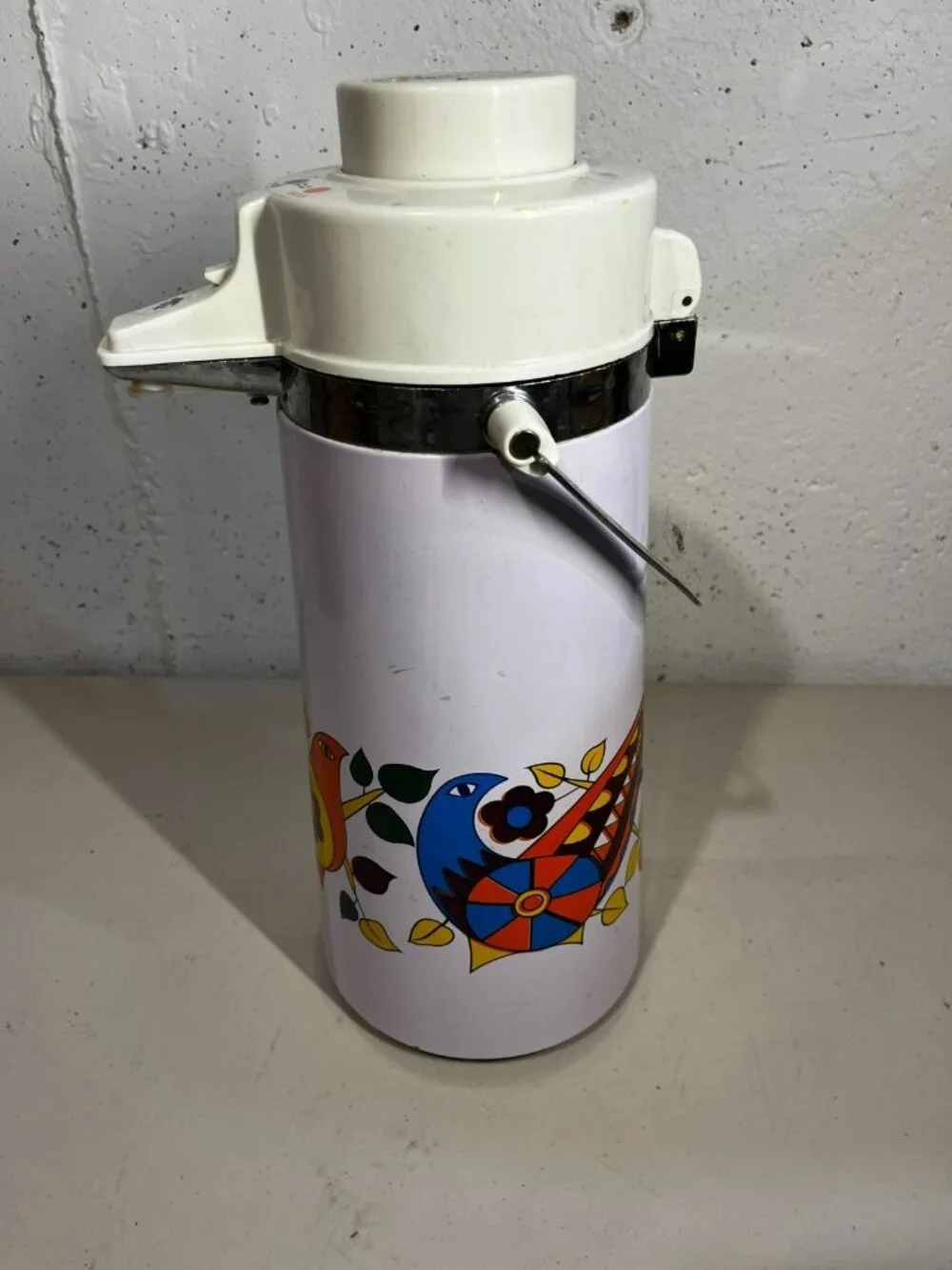Vintage Air Pot Vacuum Thermos Pump Drink Dispenser MCM Colorful Partridge Birds